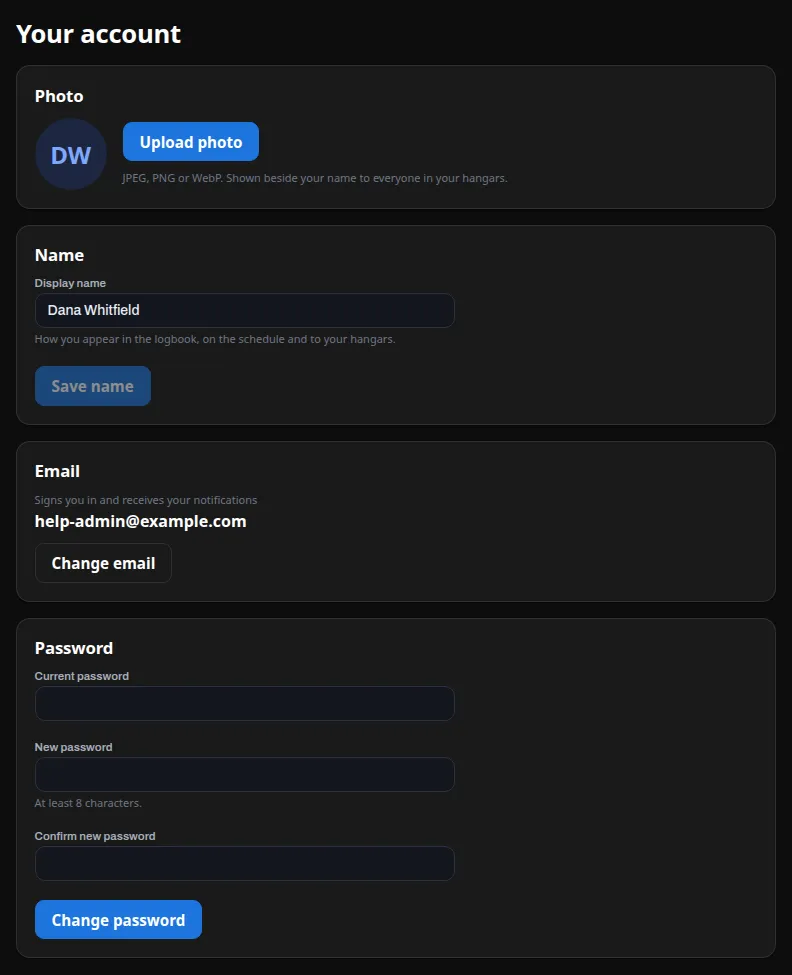 The Your account page: Photo with an Upload photo button, Name with the Display name box and Save name, Email showing the current address and a Change email button, and Password with Current password, New password and Confirm new password boxes and the Change password button