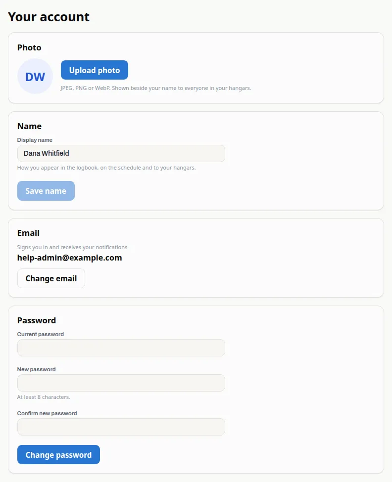 The Your account page: Photo with an Upload photo button, Name with the Display name box and Save name, Email showing the current address and a Change email button, and Password with Current password, New password and Confirm new password boxes and the Change password button