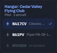 The aircraft picker for a member with limited access: two aircraft listed normally, the third grayed out and marked no access