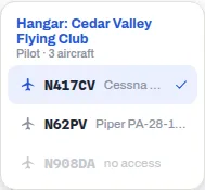 The aircraft picker for a member with limited access: two aircraft listed normally, the third grayed out and marked no access