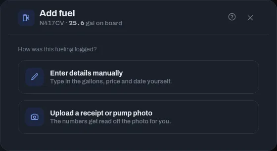 The Add fuel dialog offering Enter details manually or Upload a receipt or pump photo