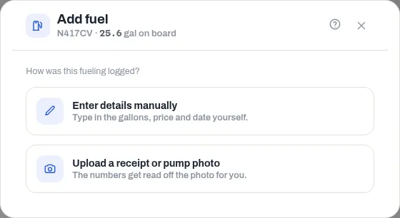The Add fuel dialog offering Enter details manually or Upload a receipt or pump photo