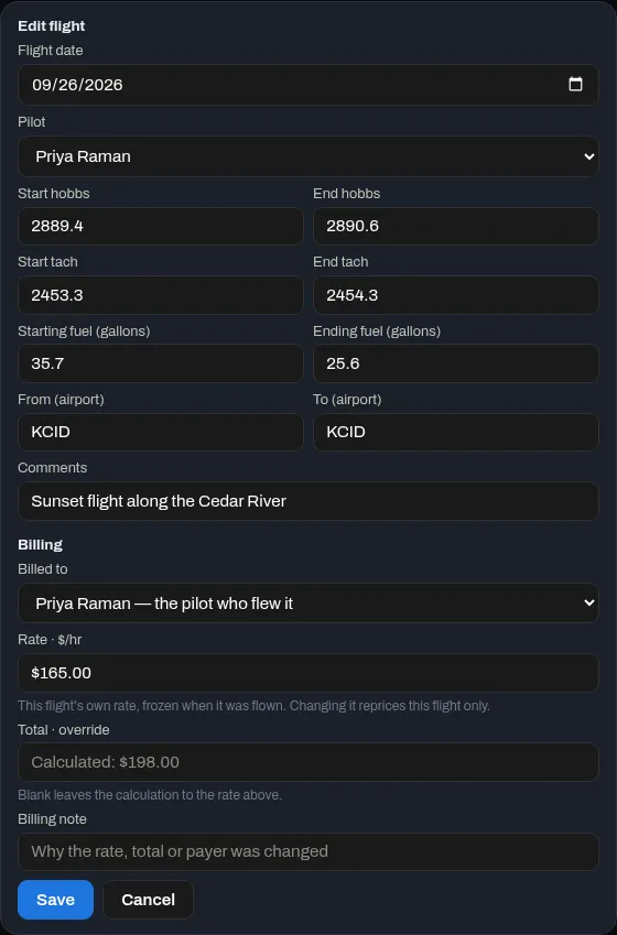The Edit flight form on a Logbook card, with the date, pilot, hobbs, tach, fuel and airports, and an admin's Billing section below
