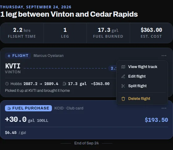 A flight card's ⋯ menu open, listing View flight track, Edit flight, Split flight and Delete flight