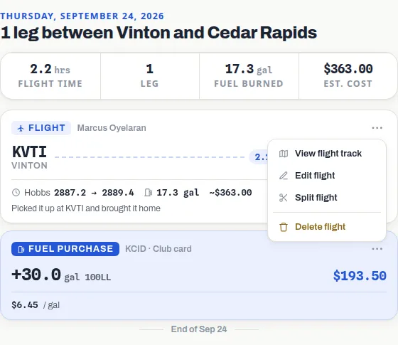 A flight card's ⋯ menu open, listing View flight track, Edit flight, Split flight and Delete flight