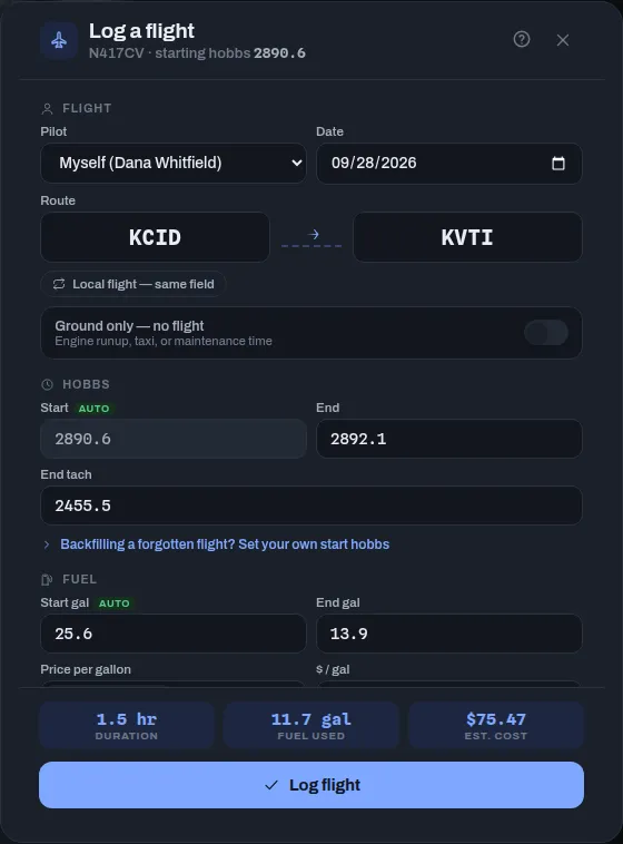 The Log a flight form filled in for a flight from KCID to KVTI, with its Flight, Hobbs and Fuel sections and a live Duration, Fuel used and Est. cost line above the Log flight button