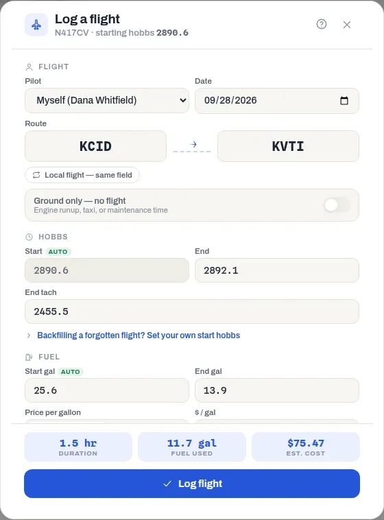The Log a flight form filled in for a flight from KCID to KVTI, with its Flight, Hobbs and Fuel sections and a live Duration, Fuel used and Est. cost line above the Log flight button