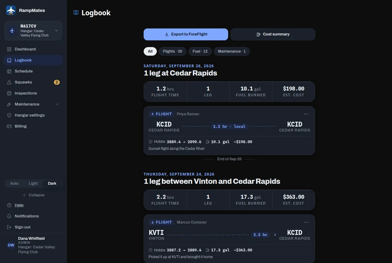 The Logbook: Export to ForeFlight and Cost summary, the All, Flights, Fuel and Maintenance chips, then each day's heading and totals above its flight cards