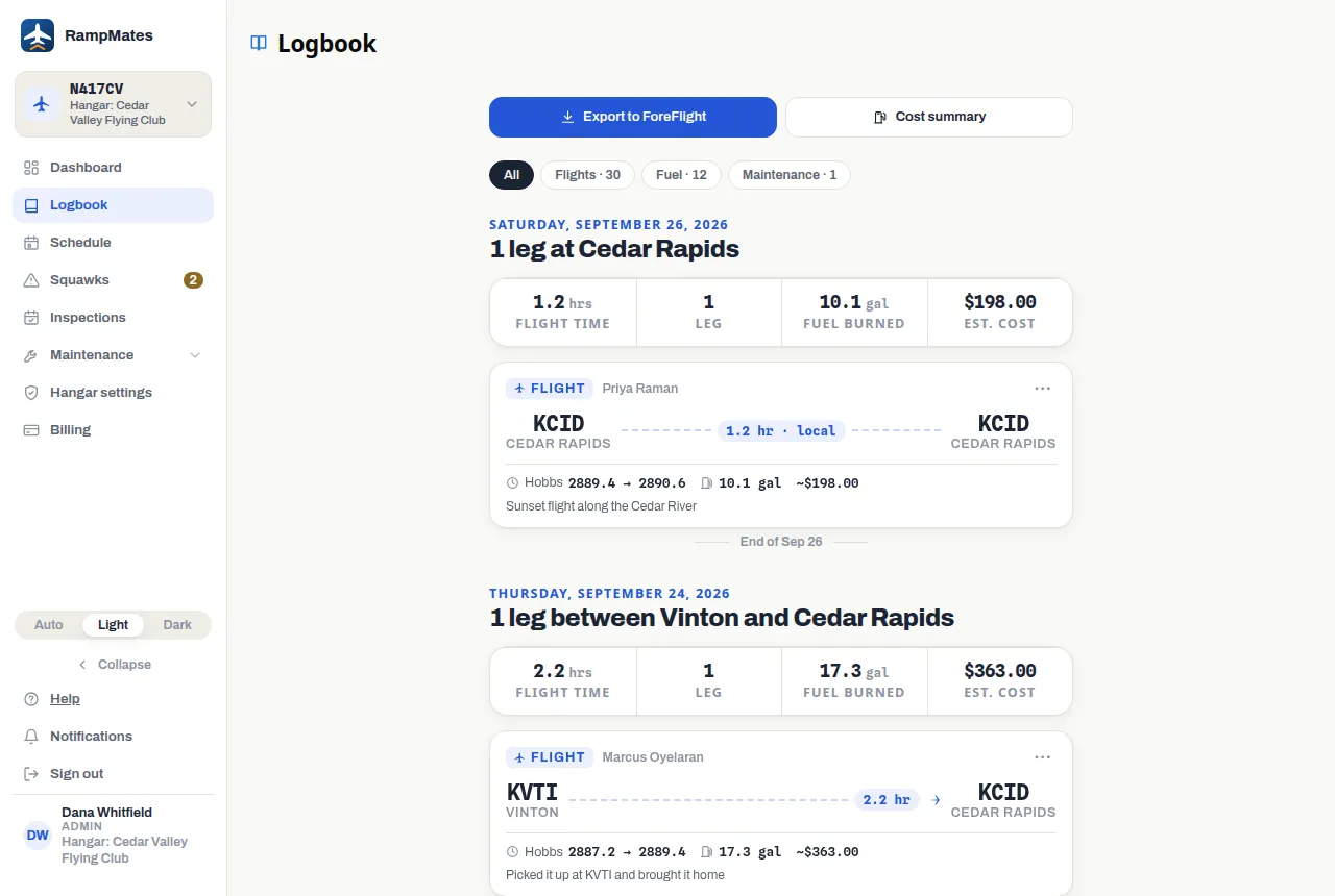 The Logbook: Export to ForeFlight and Cost summary, the All, Flights, Fuel and Maintenance chips, then each day's heading and totals above its flight cards