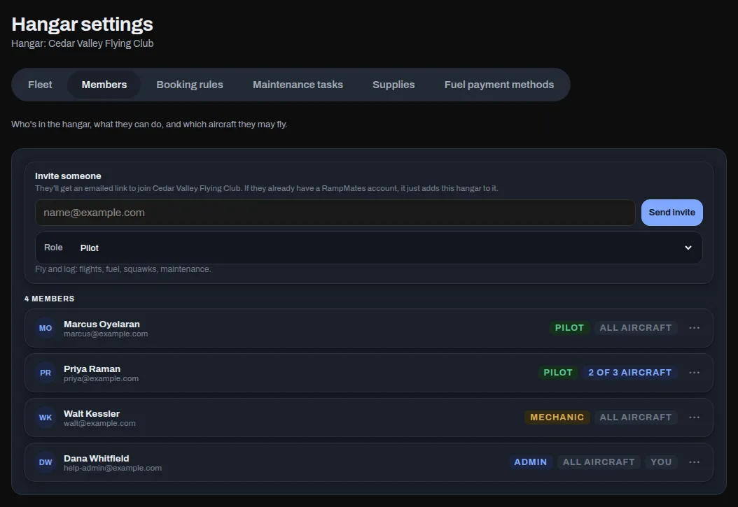 Hangar settings open on the Members tab, with the Invite someone form above the list of members