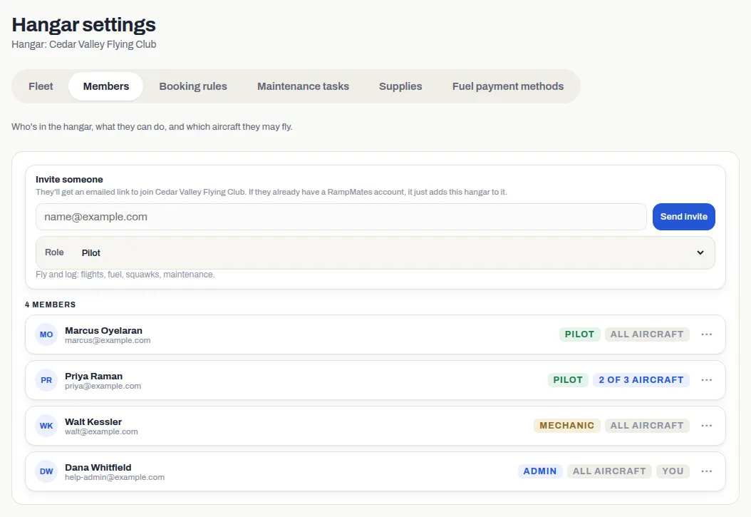 Hangar settings open on the Members tab, with the Invite someone form above the list of members