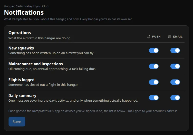 The Notifications page: the Operations group, with Push and Email switches for New squawks, Maintenance and inspections, Flights logged and Daily summary, and the Save button