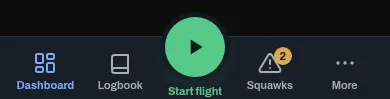 The tab bar: Dashboard, Logbook, the raised Start flight button, Squawks with a count of open squawks, and More