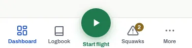 The tab bar: Dashboard, Logbook, the raised Start flight button, Squawks with a count of open squawks, and More