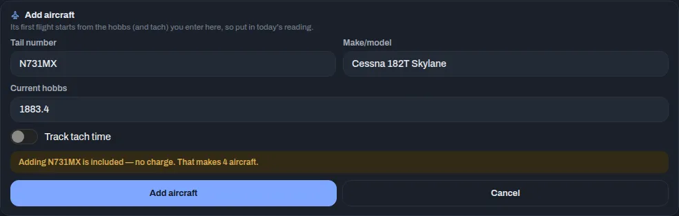 The Add aircraft form filled in for a new tail number, with the confirmation line above the Add aircraft and Cancel buttons