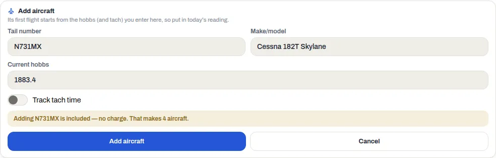 The Add aircraft form filled in for a new tail number, with the confirmation line above the Add aircraft and Cancel buttons