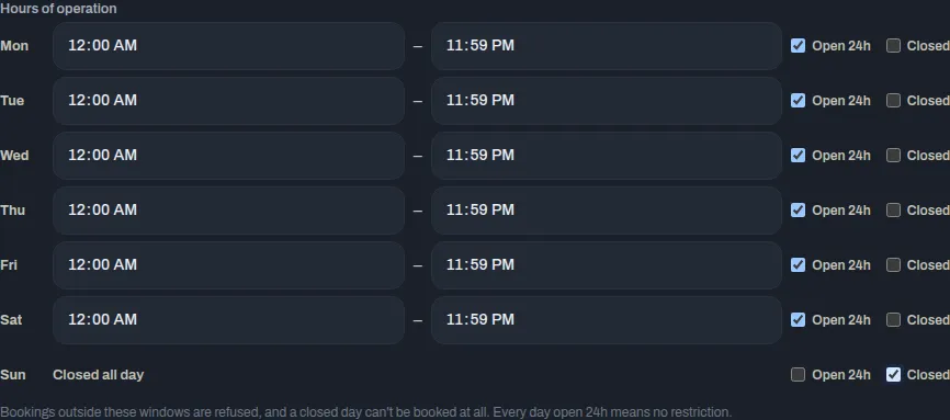 The Hours of operation rows for Monday to Sunday, each with an opening and closing time and Open 24h and Closed boxes, with Sunday reading Closed all day