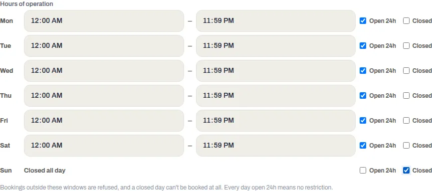 The Hours of operation rows for Monday to Sunday, each with an opening and closing time and Open 24h and Closed boxes, with Sunday reading Closed all day