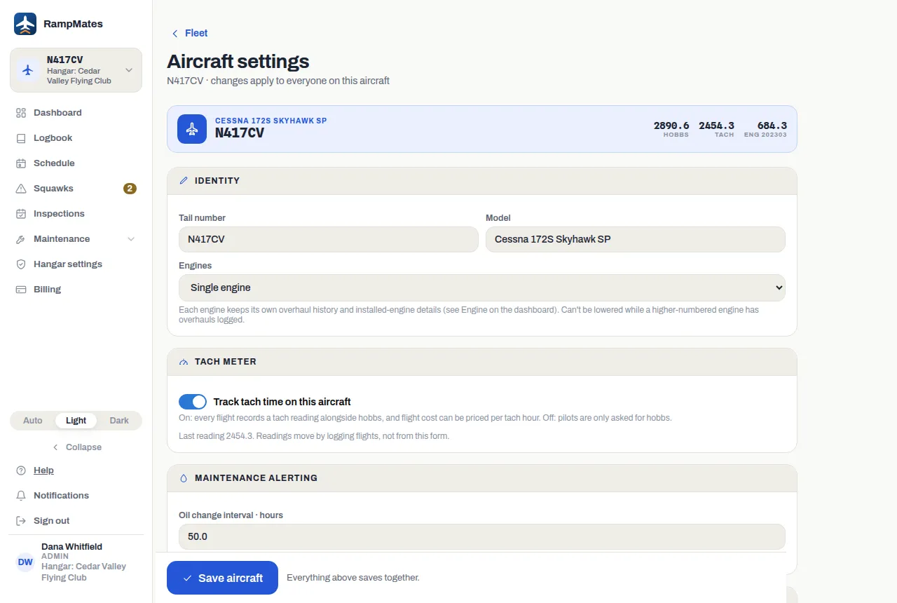 Aircraft settings for N417CV: the aircraft's hobbs and tach at the top, then the Identity, Tach meter and Maintenance alerting sections