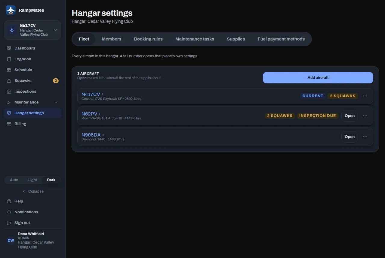 The Fleet tab of Hangar settings: a row per aircraft with its tail number, model, hobbs and badges, an Open button and a ⋯ menu, and Add aircraft at the top