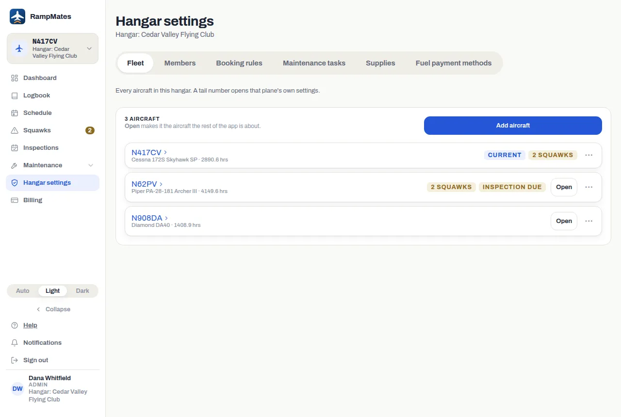 The Fleet tab of Hangar settings: a row per aircraft with its tail number, model, hobbs and badges, an Open button and a ⋯ menu, and Add aircraft at the top
