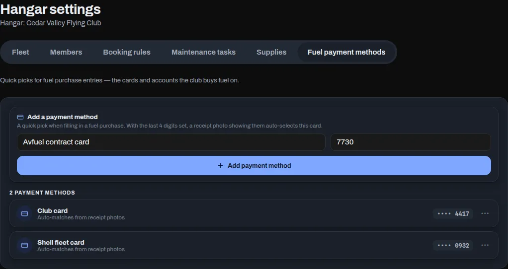 The Fuel payment methods tab: the Add a payment method card with a name box, a Last 4 box and Add payment method, above the hangar's two cards, each showing its last four digits