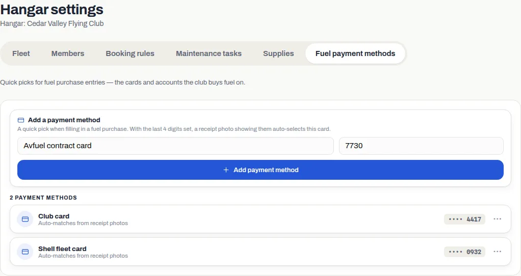The Fuel payment methods tab: the Add a payment method card with a name box, a Last 4 box and Add payment method, above the hangar's two cards, each showing its last four digits