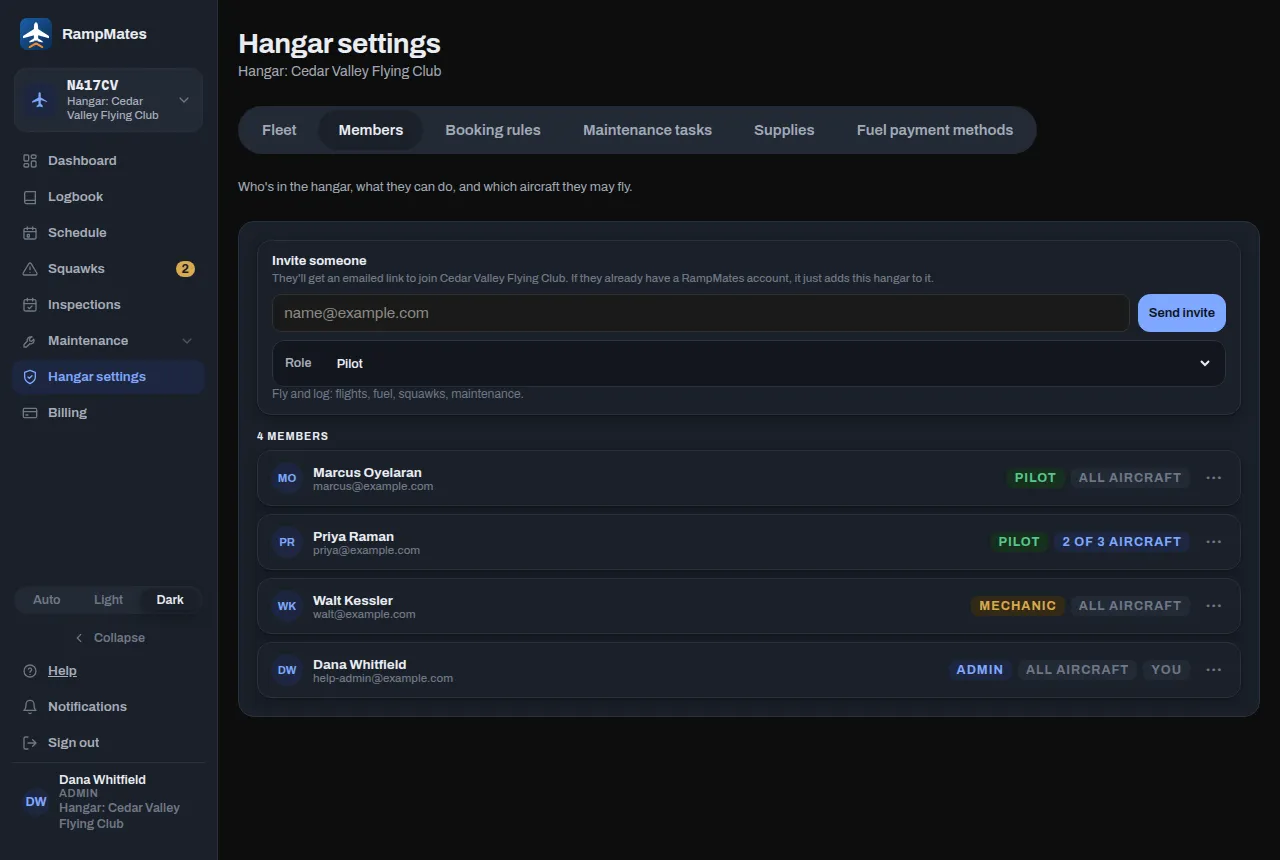 The Members tab of Hangar settings: the Invite someone form with an email box, a Role menu and Send invite, above the list of members with their role and aircraft badges