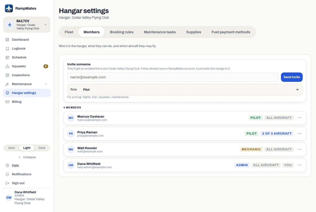 The Members tab of Hangar settings: the Invite someone form with an email box, a Role menu and Send invite, above the list of members with their role and aircraft badges