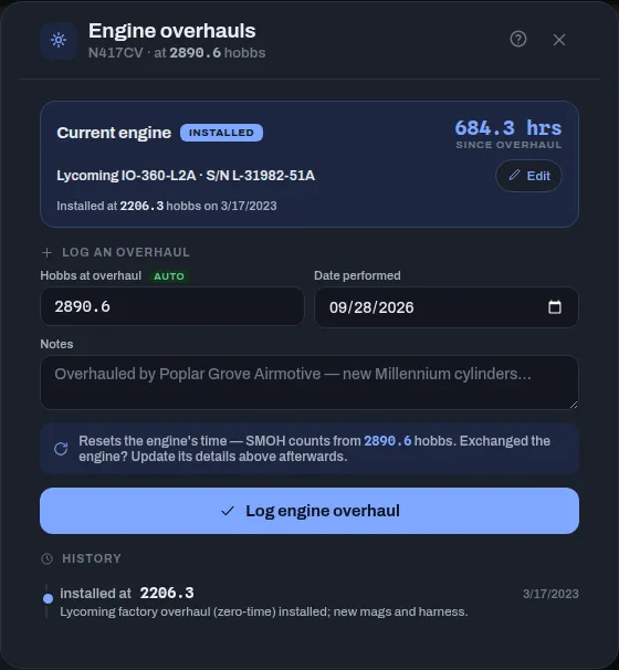 The Engine overhauls screen: time since overhaul, the engine's details, the Log an overhaul form and the history