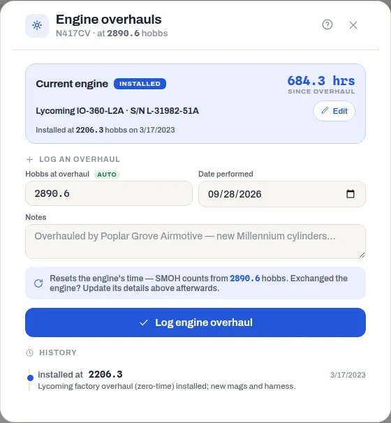 The Engine overhauls screen: time since overhaul, the engine's details, the Log an overhaul form and the history