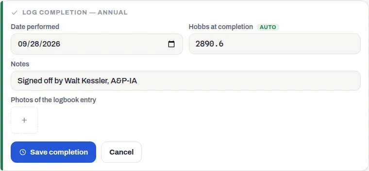 The Log completion form for the Annual, with date, hobbs, notes and photos