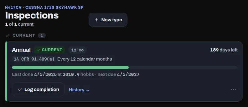 The Inspections page for N417CV, listing each inspection with its status, when it was last done and when it's next due
