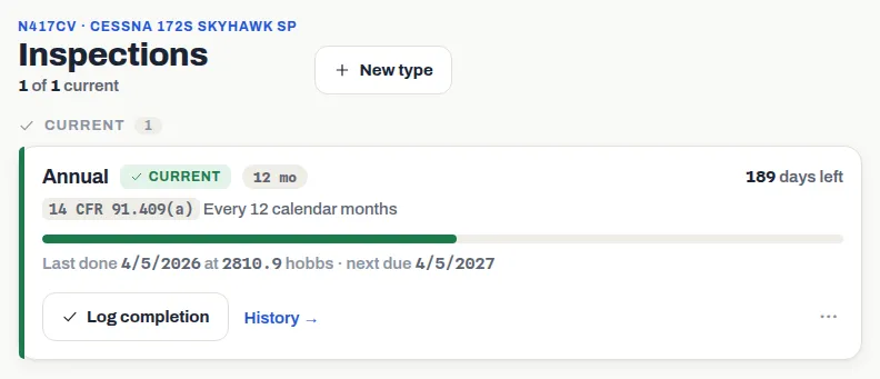 The Inspections page for N417CV, listing each inspection with its status, when it was last done and when it's next due
