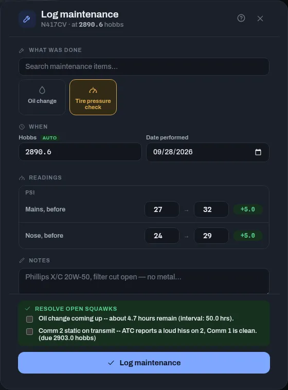 The Log maintenance form with Tire pressure check chosen: hobbs and date, before and after readings with the difference, notes, and the open squawks to resolve