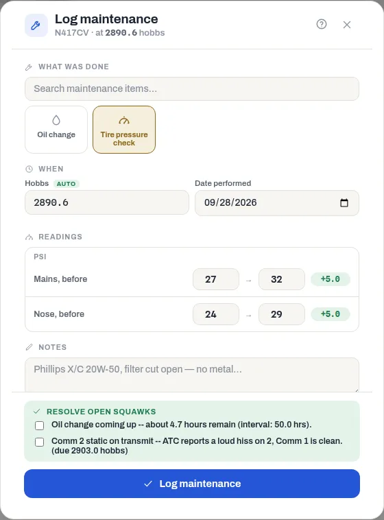 The Log maintenance form with Tire pressure check chosen: hobbs and date, before and after readings with the difference, notes, and the open squawks to resolve