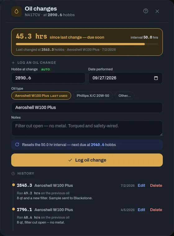 The Oil changes screen for N417CV: hours since the last change against the 50-hour interval, marked due soon, above the Log an oil change form and the history, where each entry has Edit and Delete