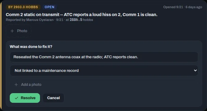 A squawk card open for resolving, with the disposition field and the maintenance record list