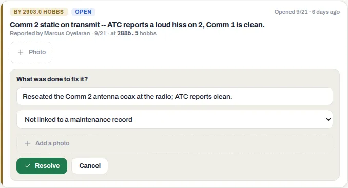 A squawk card open for resolving, with the disposition field and the maintenance record list