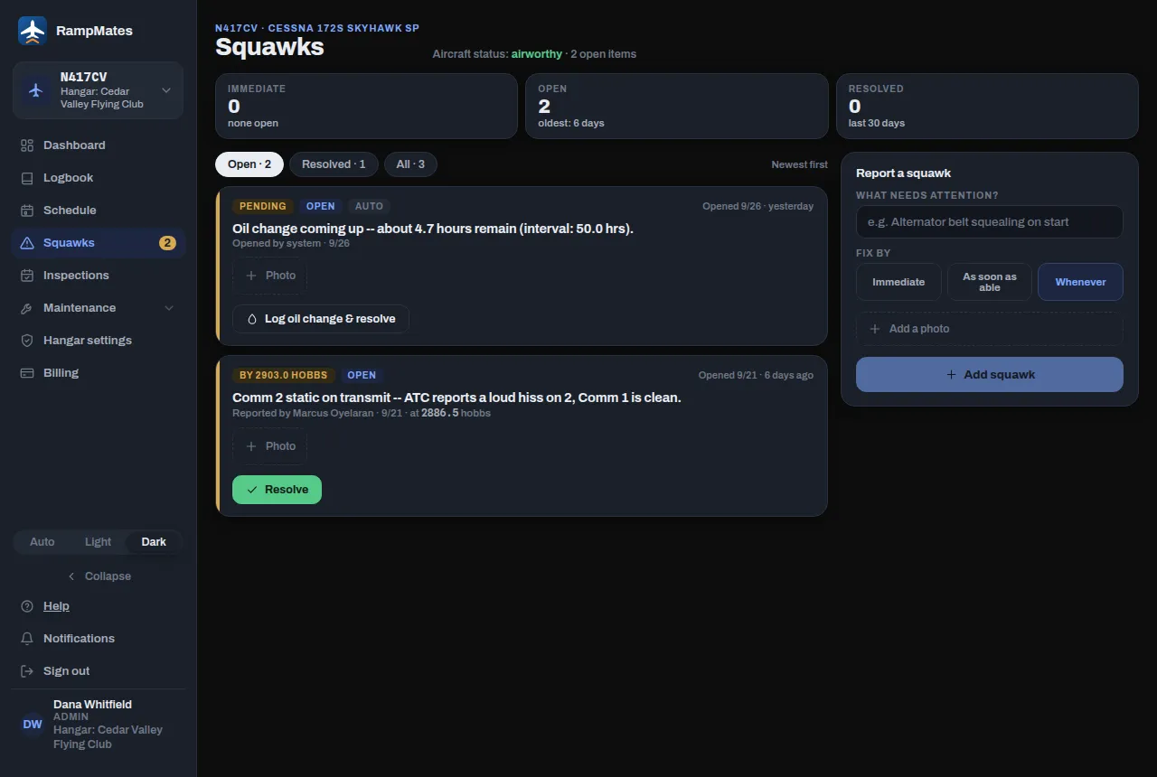 The Squawks page: the aircraft's status, the Report a squawk form, and the list of open squawks