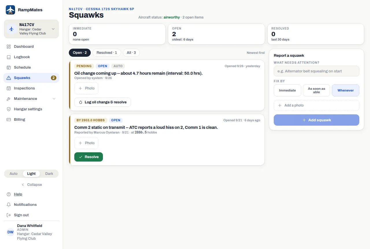 The Squawks page: the aircraft's status, the Report a squawk form, and the list of open squawks