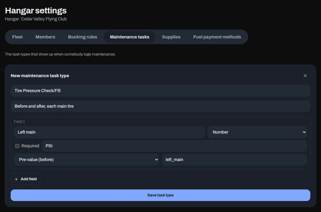 The New maintenance task type form on Hangar settings, with a name and one number field