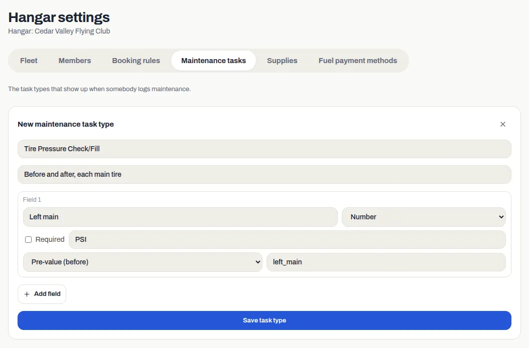 The New maintenance task type form on Hangar settings, with a name and one number field