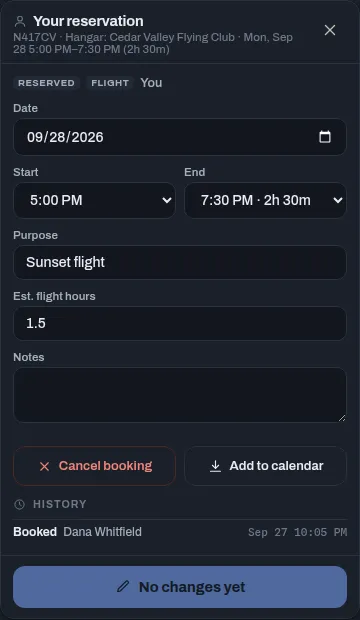 A booking's full details panel with its fields, Cancel booking and Add to calendar buttons, and its history