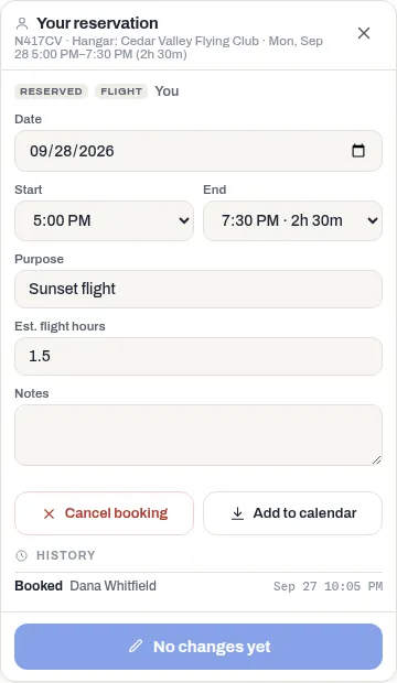 A booking's full details panel with its fields, Cancel booking and Add to calendar buttons, and its history