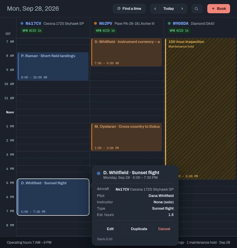 A selected booking with its details and the Edit, Duplicate and Cancel buttons