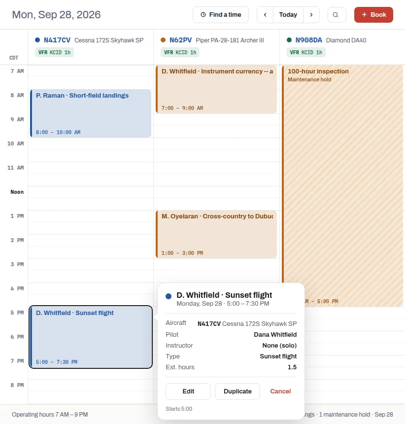 A selected booking with its details and the Edit, Duplicate and Cancel buttons