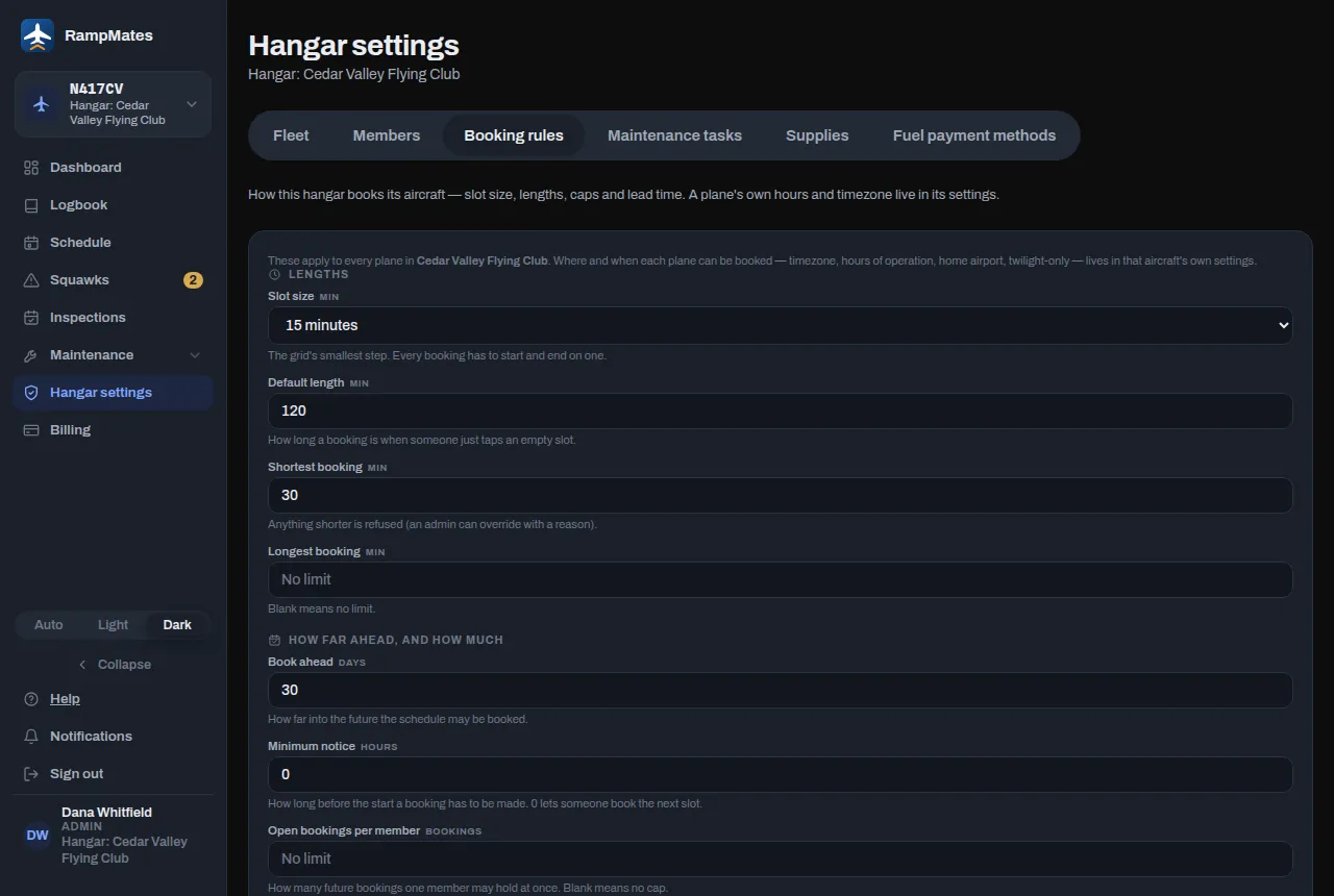 The Booking rules tab of Hangar settings, with the Lengths and How far ahead sections