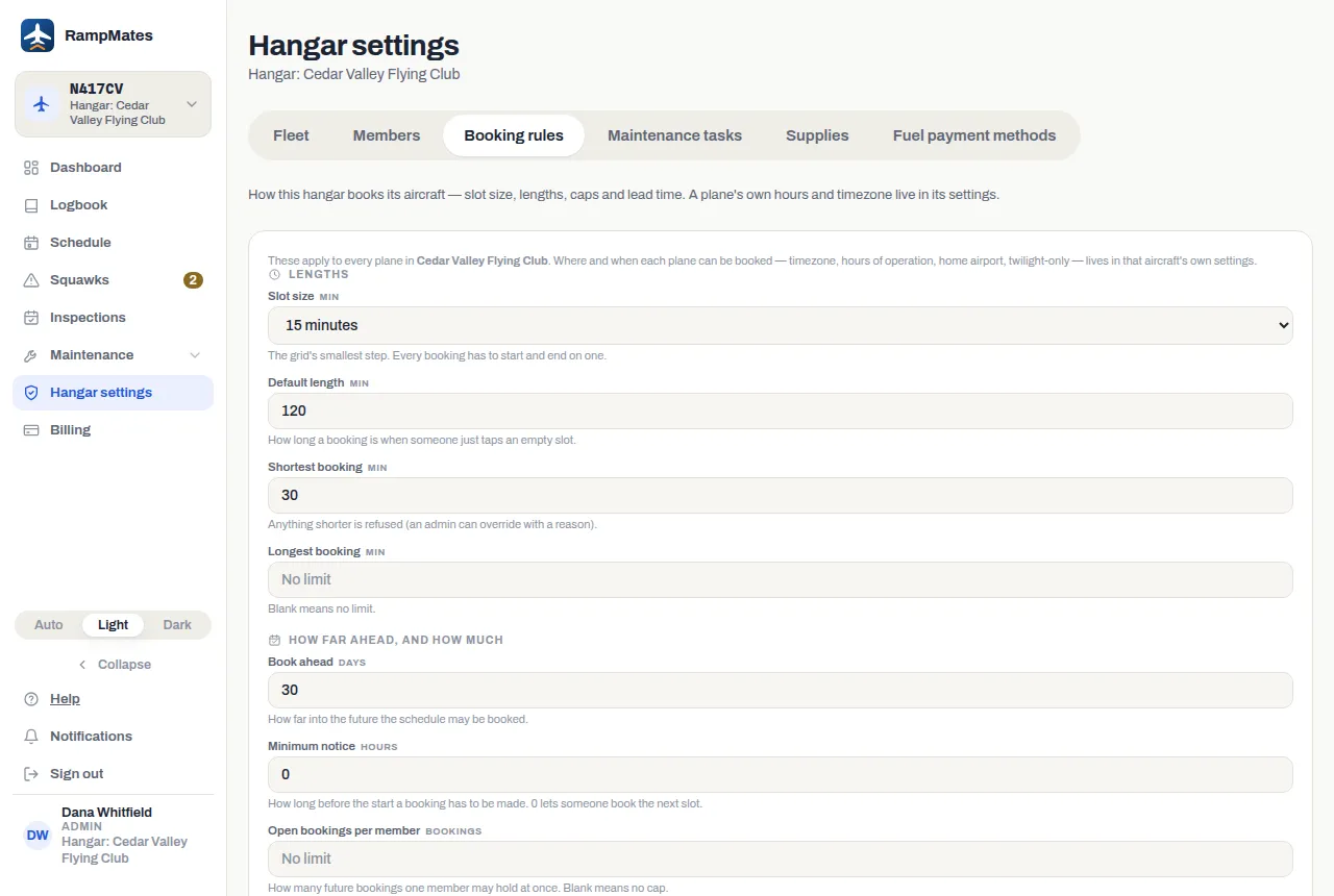 The Booking rules tab of Hangar settings, with the Lengths and How far ahead sections