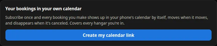 The Your bookings in your own calendar card with its Create my calendar link button